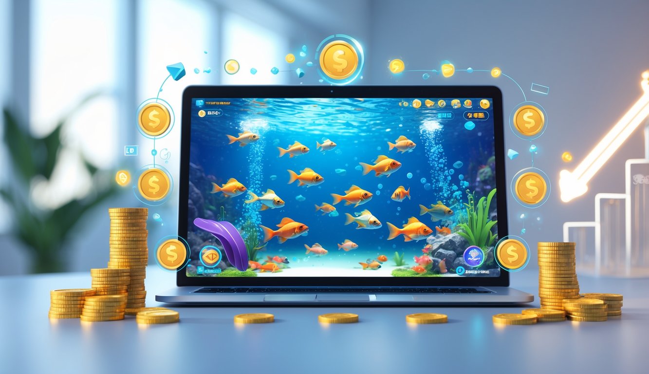 Layar perangkat menampilkan animasi ikan 3D yang berenang di bawah air dengan ikon hadiah dan simbol cashback di sekitarnya.