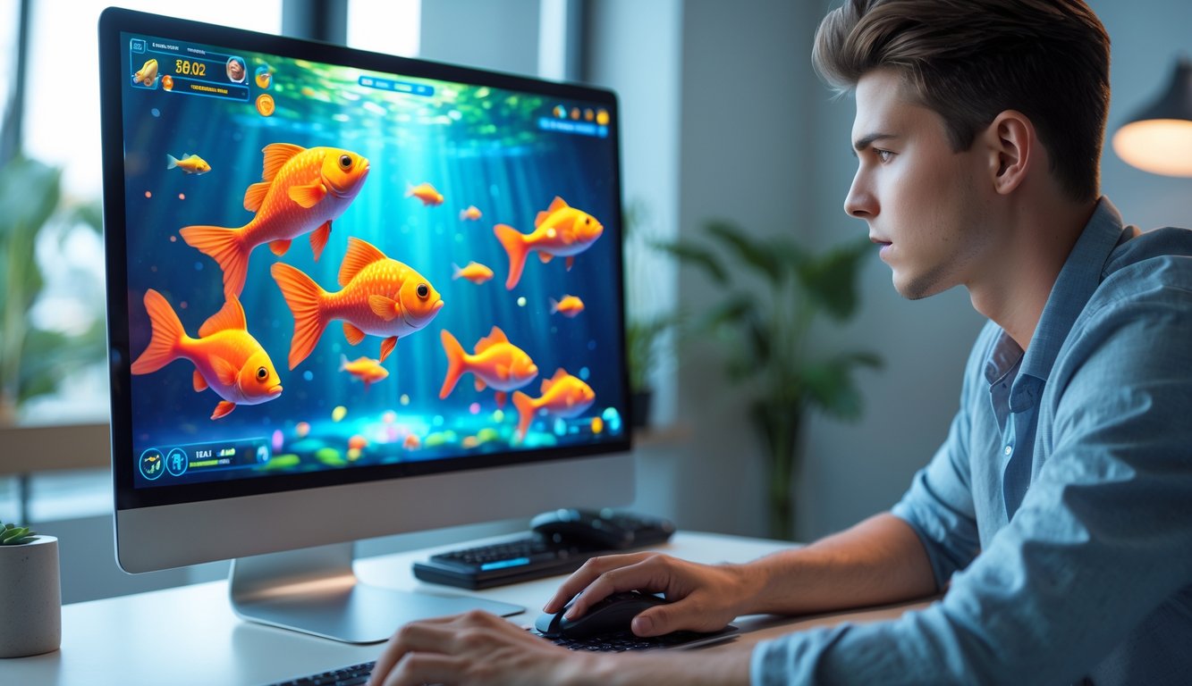 Seorang pria muda sedang bermain game tembak ikan 3D di komputer dengan latar belakang ruang kerja minimalis.