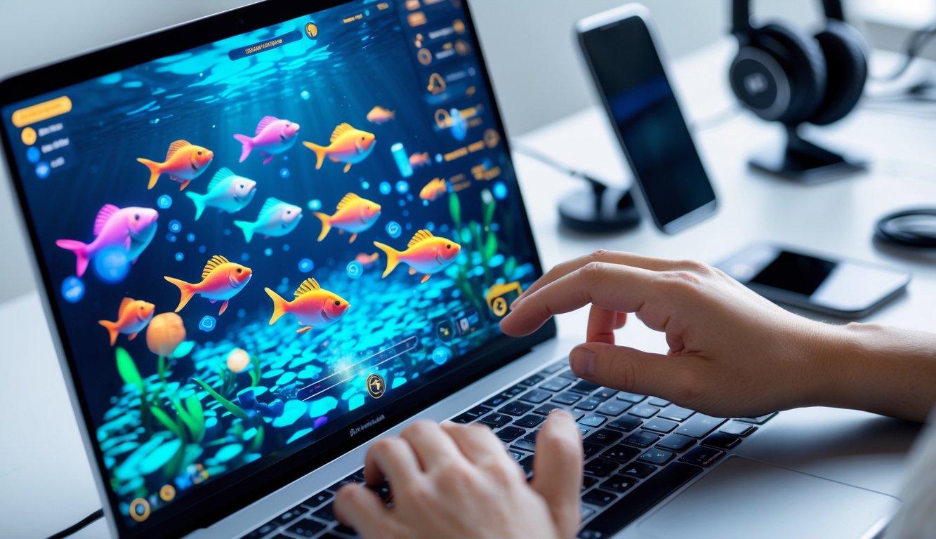 Seseorang bermain game tembak ikan 3D di komputer dengan latar ruang kerja yang rapi dan peralatan teknologi di sekitar.