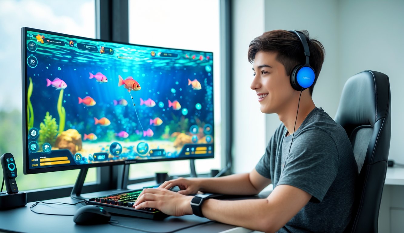 Seorang pria muda duduk di depan komputer bermain game tembak ikan 3D online dengan latar ruangan yang terang dan rapi.