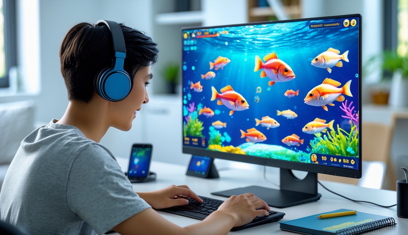 Seorang pemain muda sedang bermain permainan tembak ikan 3D online di komputer dengan latar belakang grafis ikan berwarna-warni yang hidup di layar.