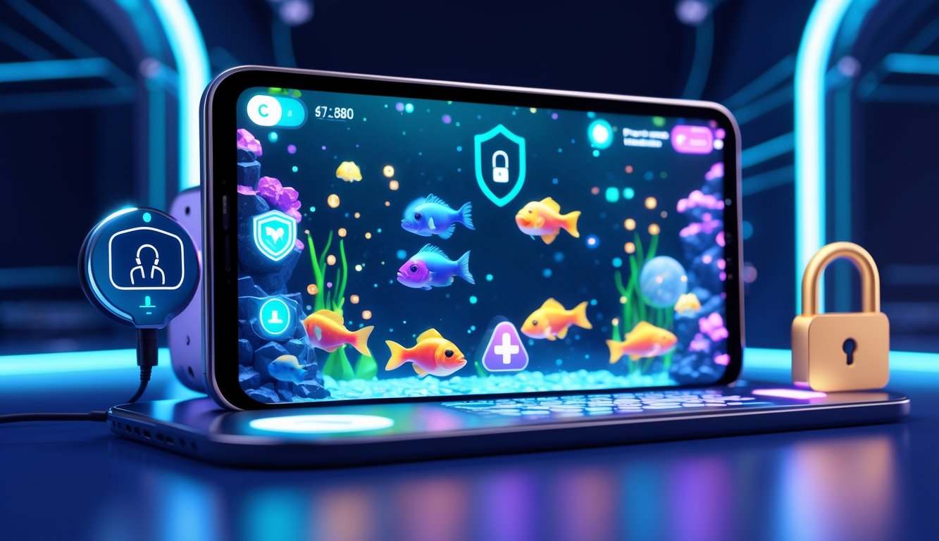 Tampilan layar perangkat modern dengan permainan menembak ikan 3D online yang penuh warna, menampilkan simbol keamanan dan layanan pelanggan 24 jam.