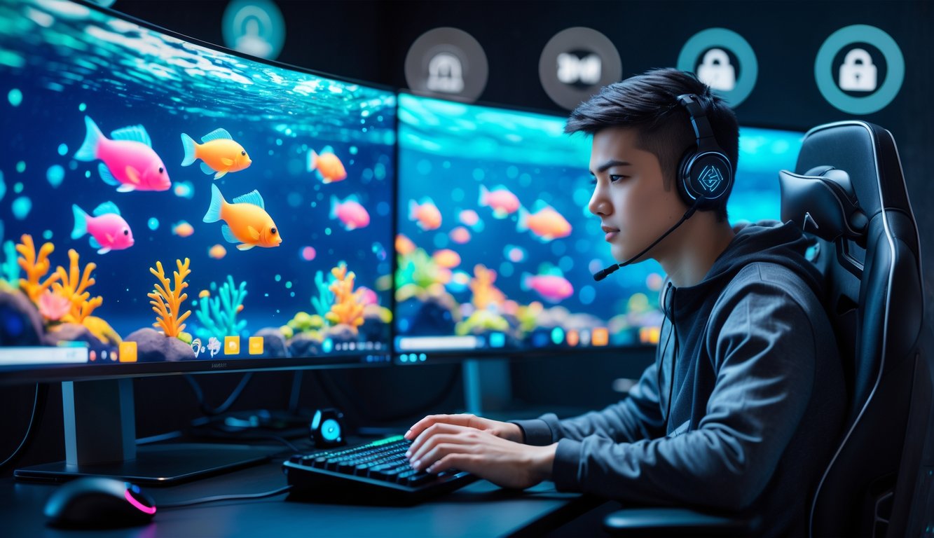 Seorang pemain muda sedang menggunakan komputer dengan layar menampilkan grafik ikan 3D berwarna-warni di lingkungan permainan online, dengan simbol keamanan dan layanan 24 jam di latar belakang.