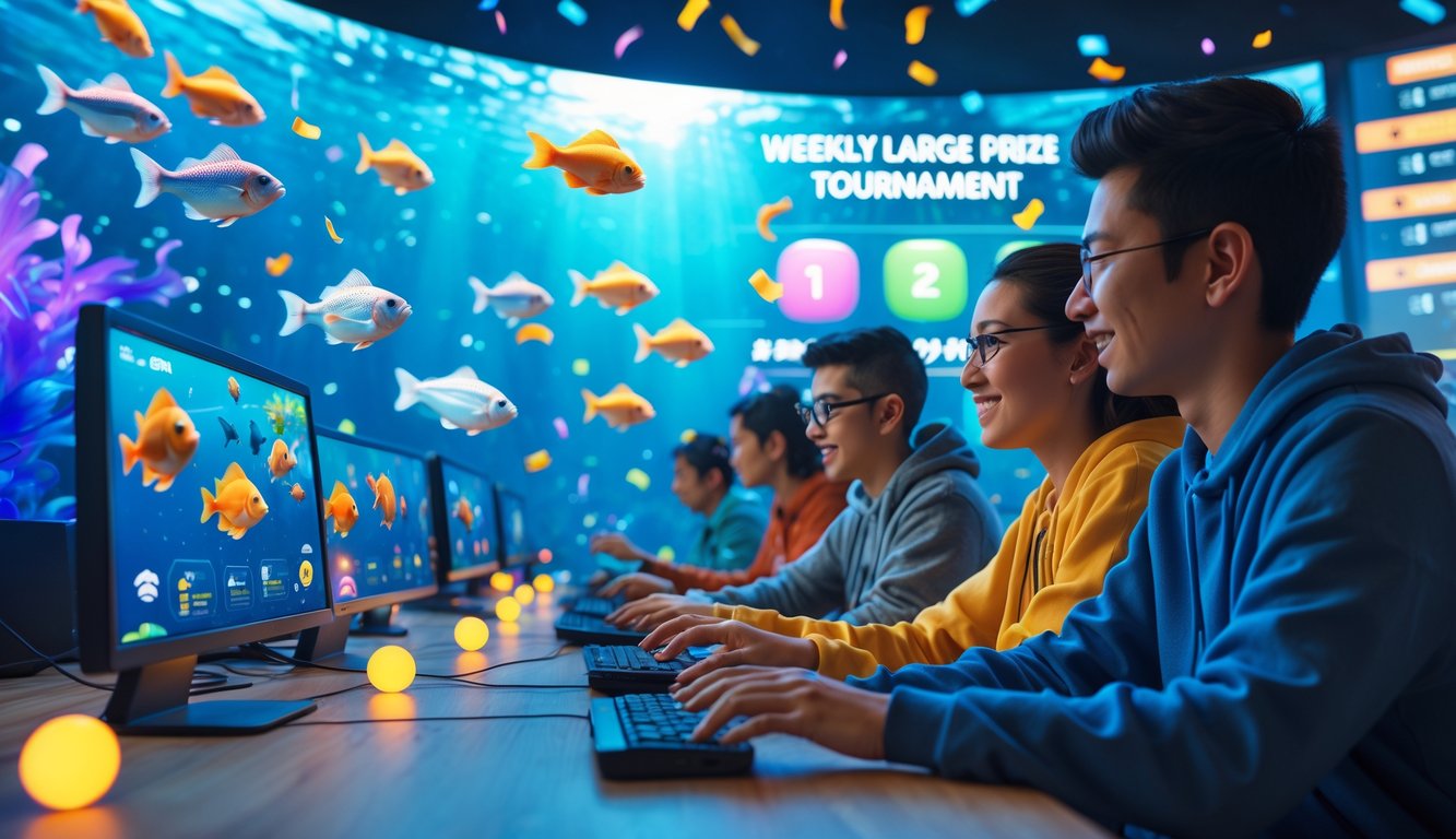 Sejumlah orang sedang bermain game tembak ikan 3D online dengan latar belakang grafis ikan berwarna-warni dan suasana turnamen kompetitif.