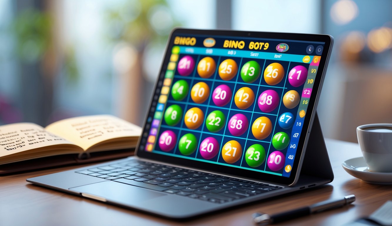 Seseorang sedang bermain bingo online di laptop dengan catatan dan secangkir kopi di meja.