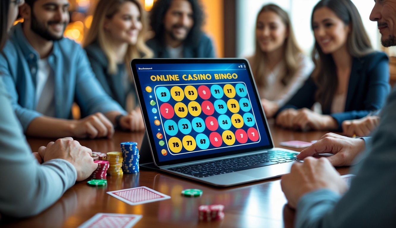 Beberapa orang sedang fokus bermain bingo kasino online menggunakan laptop di meja dengan chip dan dadu.