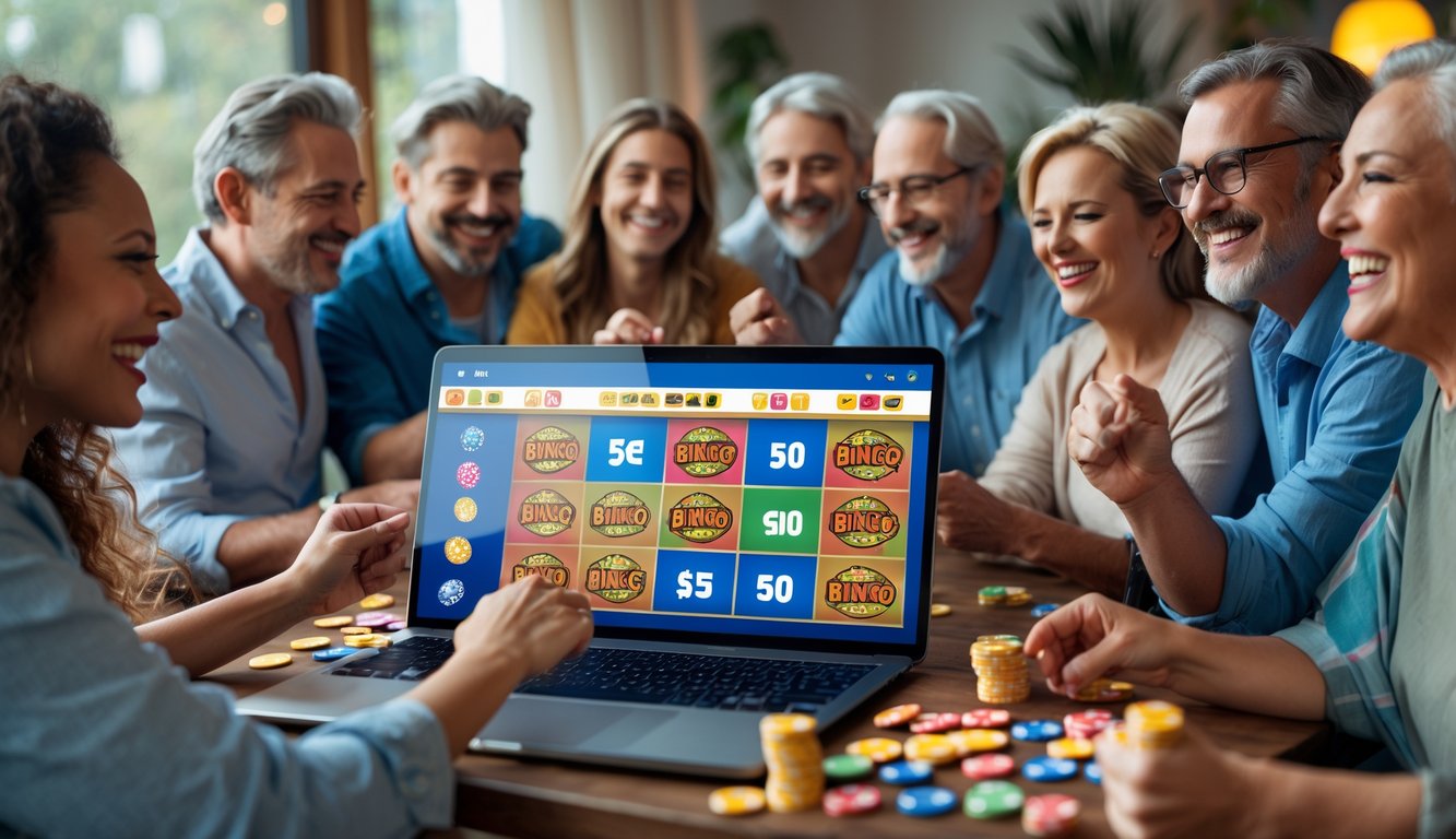 Sekelompok orang dewasa yang bahagia bermain bingo online menggunakan laptop dan ponsel di lingkungan rumah yang nyaman.