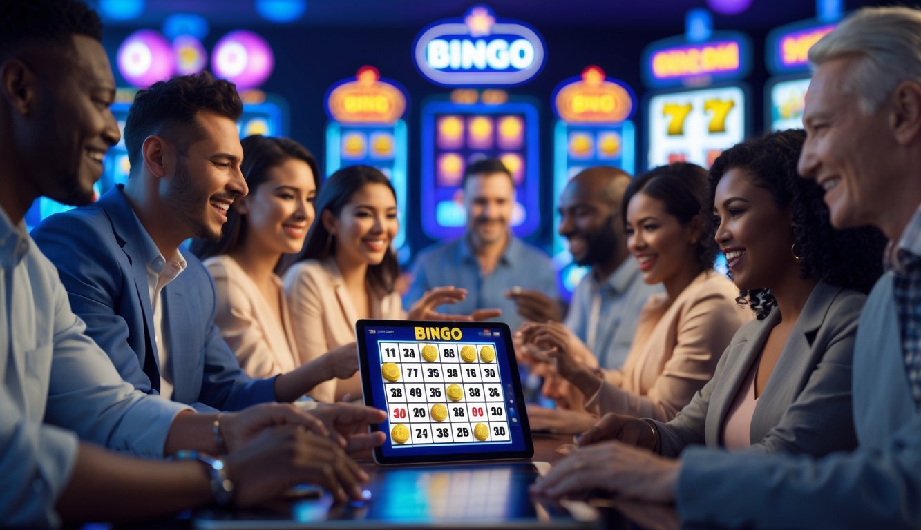 Sekelompok orang bermain bingo online menggunakan tablet dan laptop di lingkungan kasino digital yang cerah dan penuh warna.