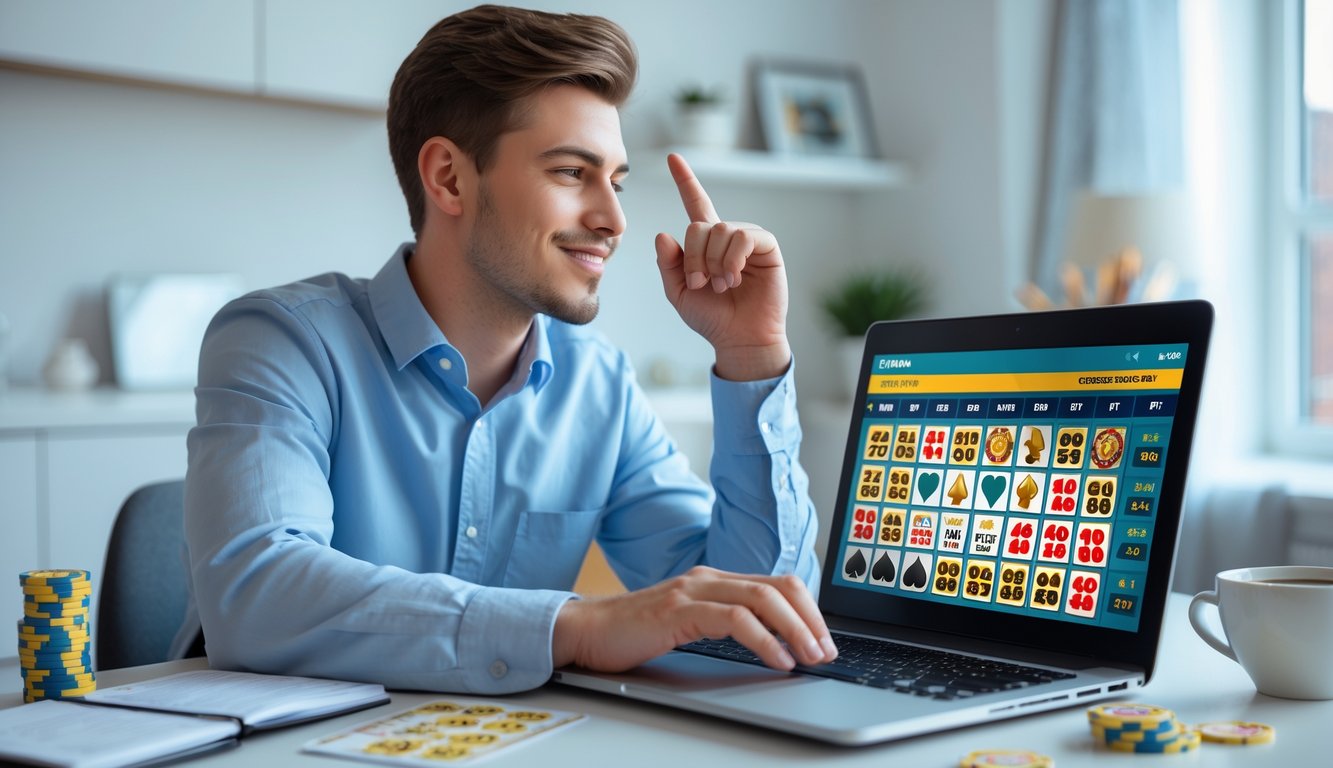 Seorang dewasa muda duduk di meja kerja dengan laptop yang menampilkan permainan bingo online, dikelilingi chip poker dan kartu bingo, terlihat fokus dan percaya diri.