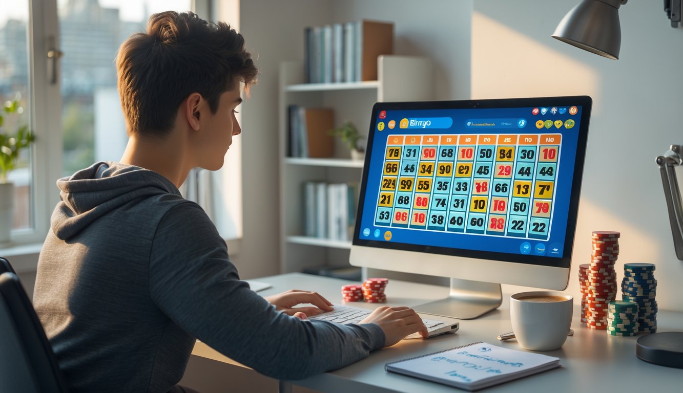 Seorang dewasa muda duduk di meja kerja menggunakan laptop dengan permainan bingo online terlihat di layar, di sekitar meja terdapat tumpukan chip poker kecil dan catatan strategi.
