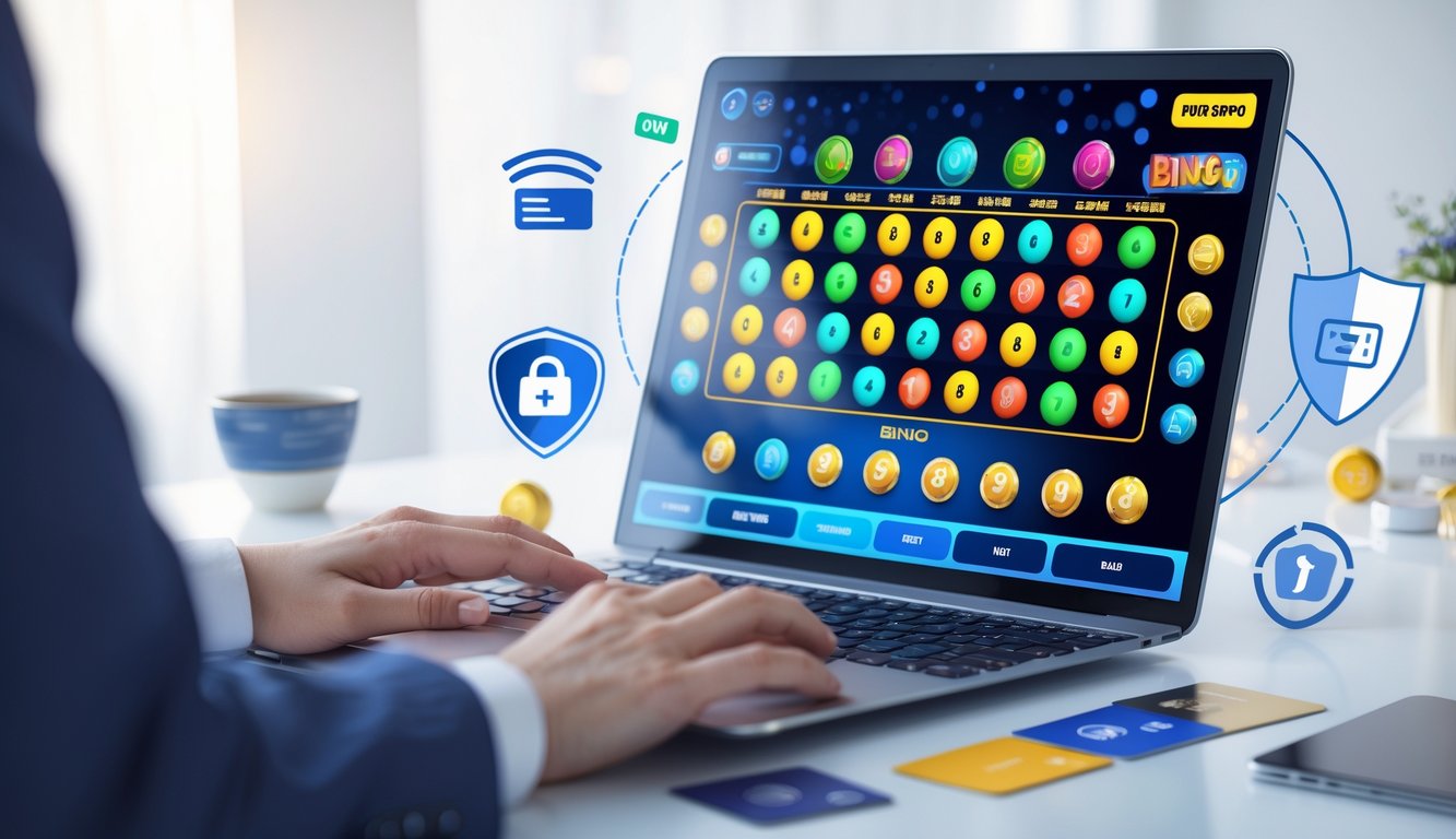 Seseorang menggunakan laptop dengan tampilan permainan bingo online dan ikon pembayaran digital di sekitarnya.