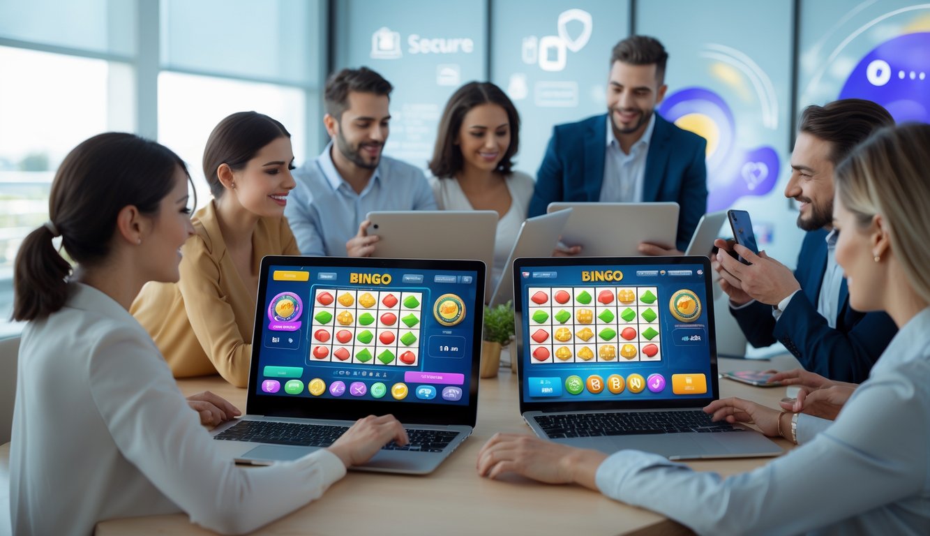 Beberapa orang menggunakan perangkat digital untuk bermain bingo online di lingkungan kasino yang modern dan aman.