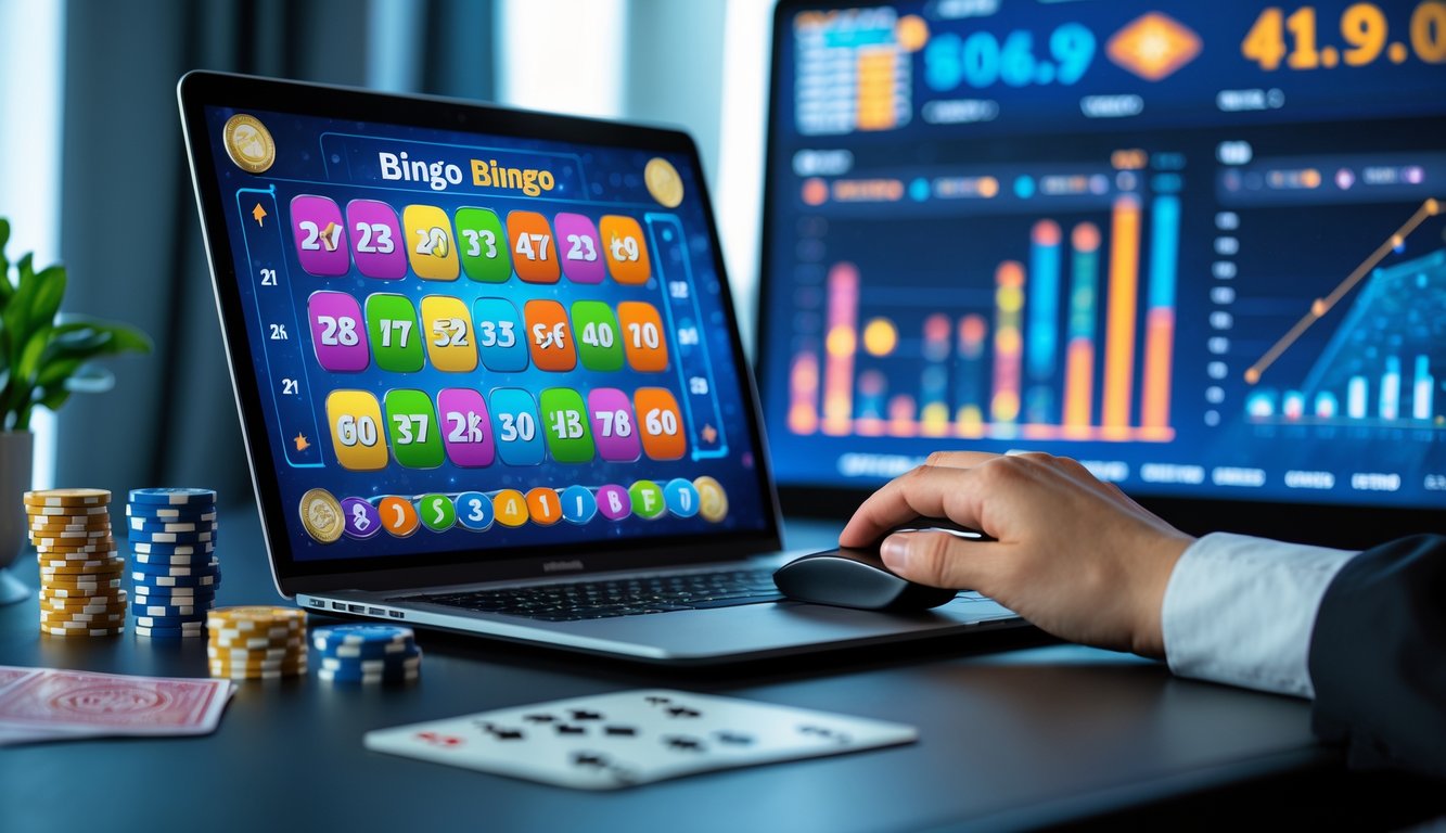 Seseorang sedang bermain bingo online di laptop dengan kartu bingo dan angka terlihat di layar, di meja terdapat chip poker dan kartu remi.