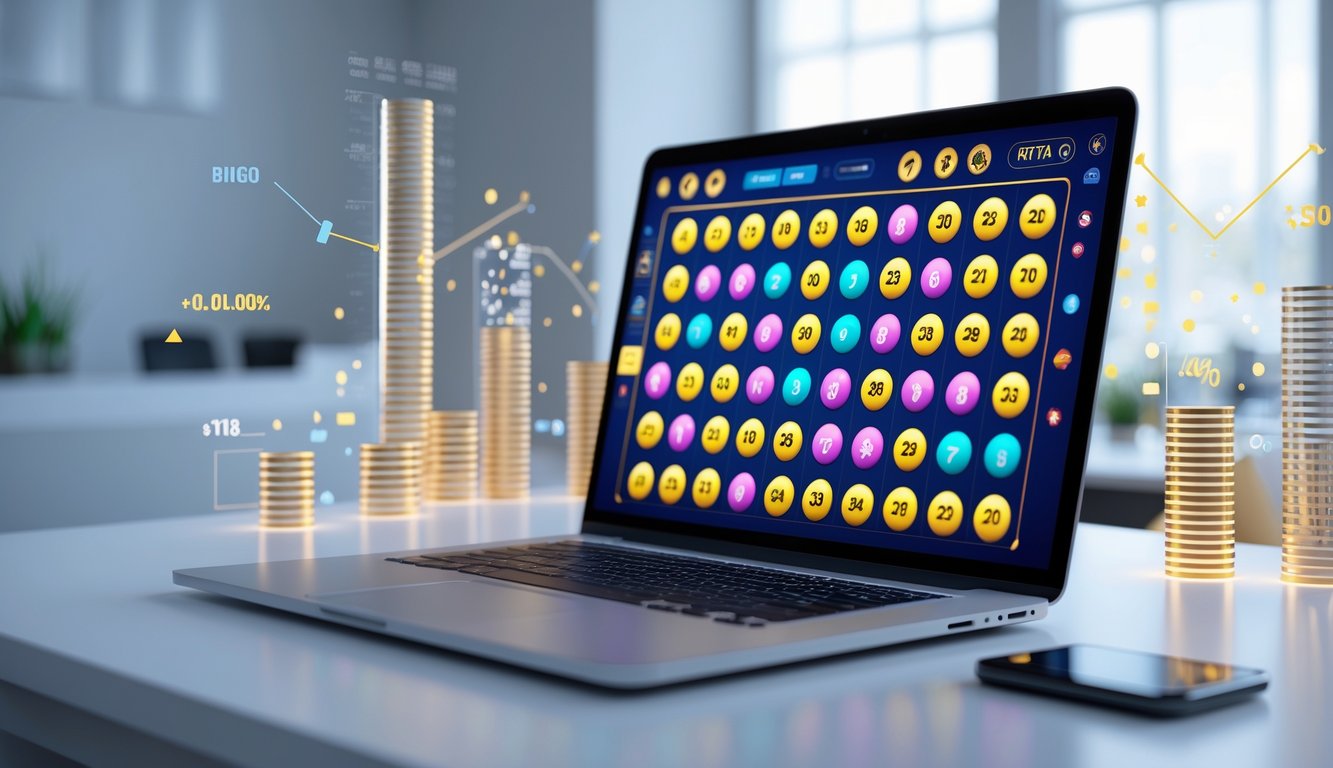 Seorang pengguna sedang melihat permainan bingo online di layar komputer dengan latar belakang ruang kerja yang rapi dan pencahayaan alami.