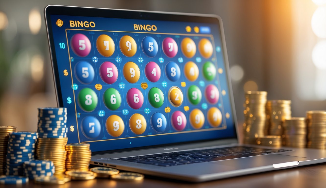 Seorang pengguna bermain bingo online di komputer dengan bola bingo berwarna-warni dan chip poker di atas meja.