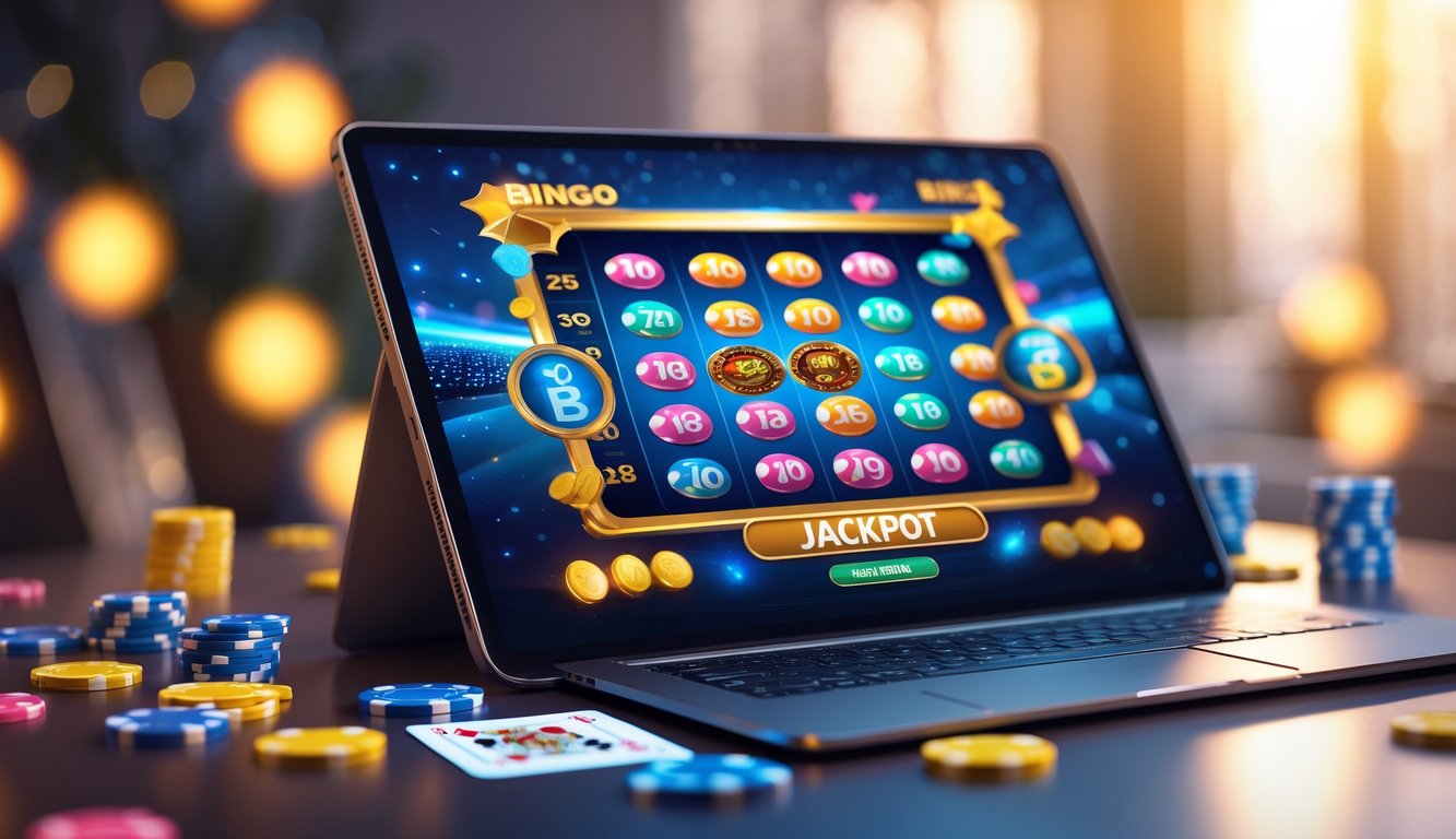 Sebuah laptop menampilkan permainan bingo online dengan bola bingo berwarna-warni dan indikator jackpot, dikelilingi oleh elemen permainan kasino digital.