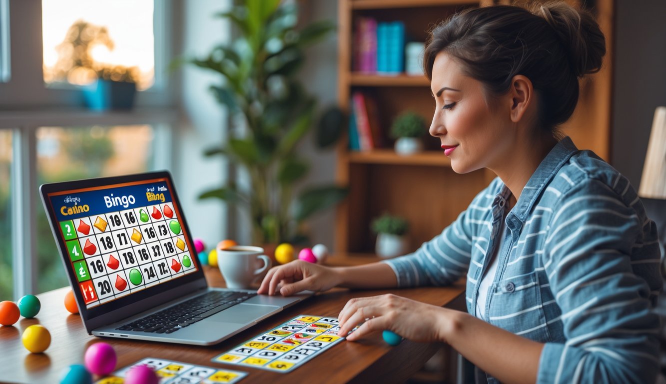 Seseorang sedang bermain bingo online menggunakan laptop di meja kayu dengan bola bingo berwarna-warni dan kartu bingo di sekitarnya.