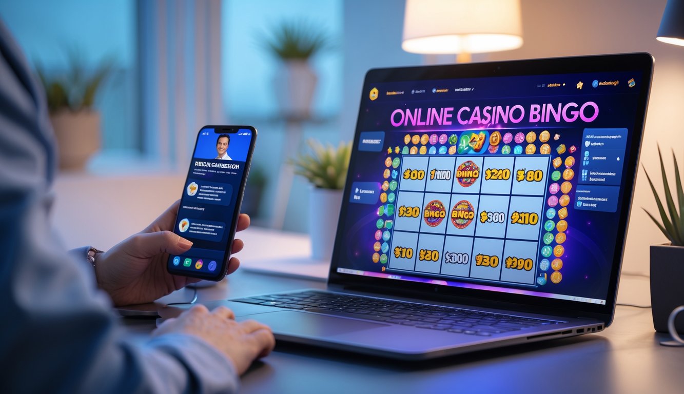 Seseorang menggunakan laptop dengan permainan bingo online dan smartphone menampilkan layanan pelanggan di ruang kerja yang nyaman.