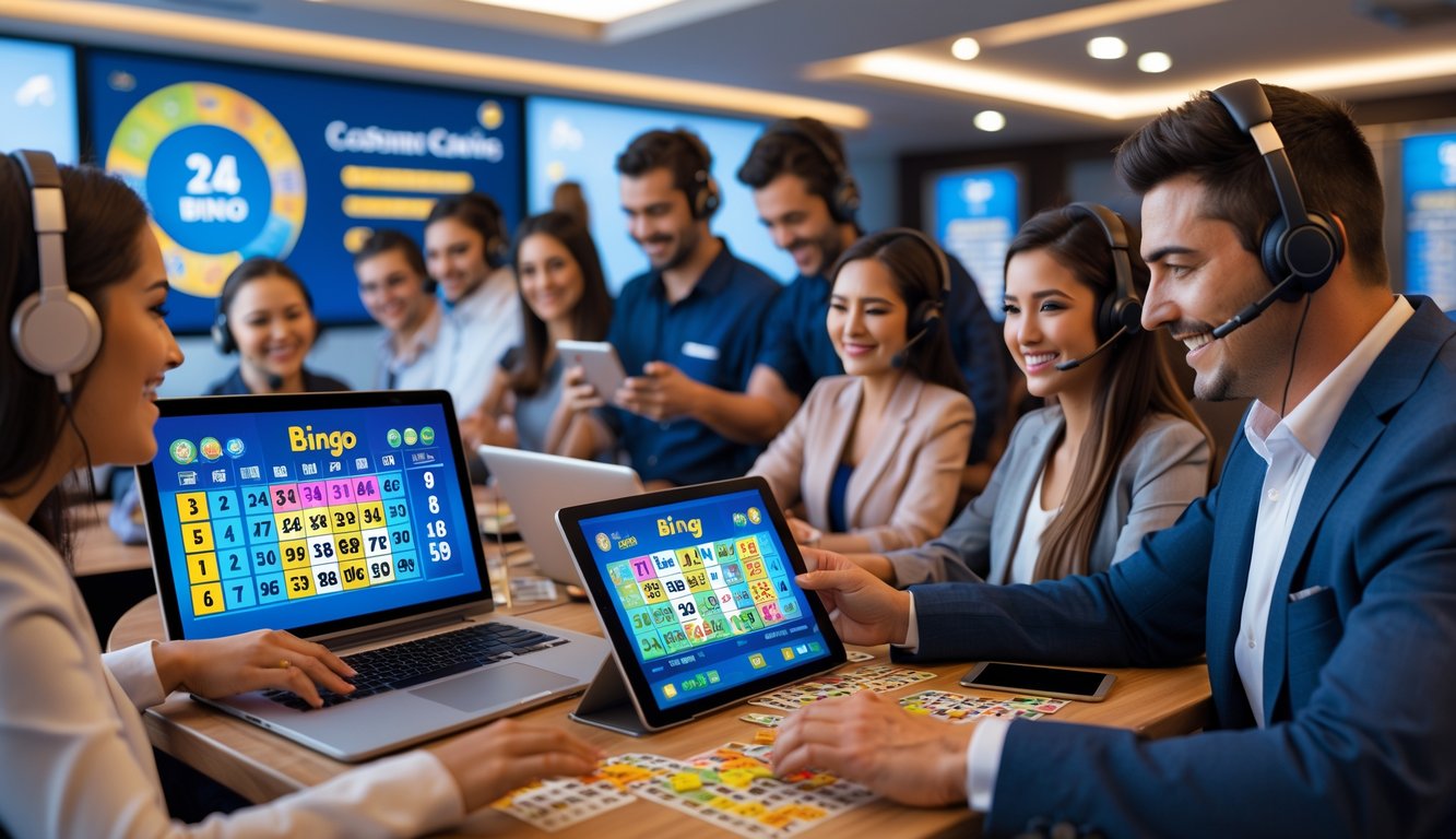 Beberapa orang menggunakan perangkat digital untuk bermain bingo online dengan pusat layanan pelanggan yang sibuk di latar belakang.