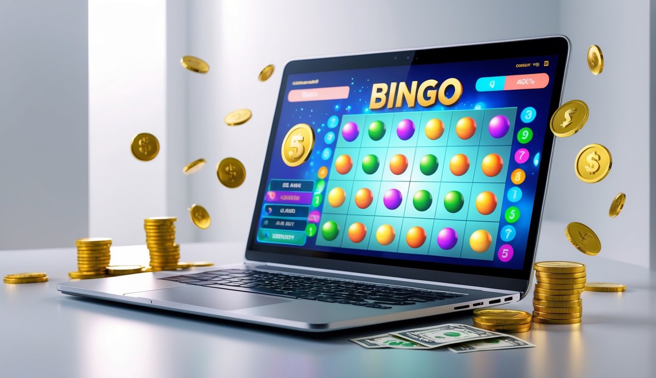 Seorang laptop menampilkan permainan bingo online dengan bola dan kartu bingo berwarna-warni, dikelilingi oleh koin emas dan simbol uang sebagai representasi bonus dan cashback.