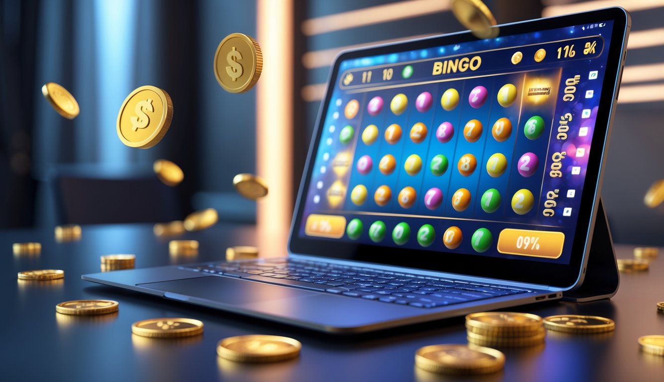 Sebuah meja dengan laptop yang menampilkan permainan bingo online dan ilustrasi koin emas yang melambangkan bonus cashback.