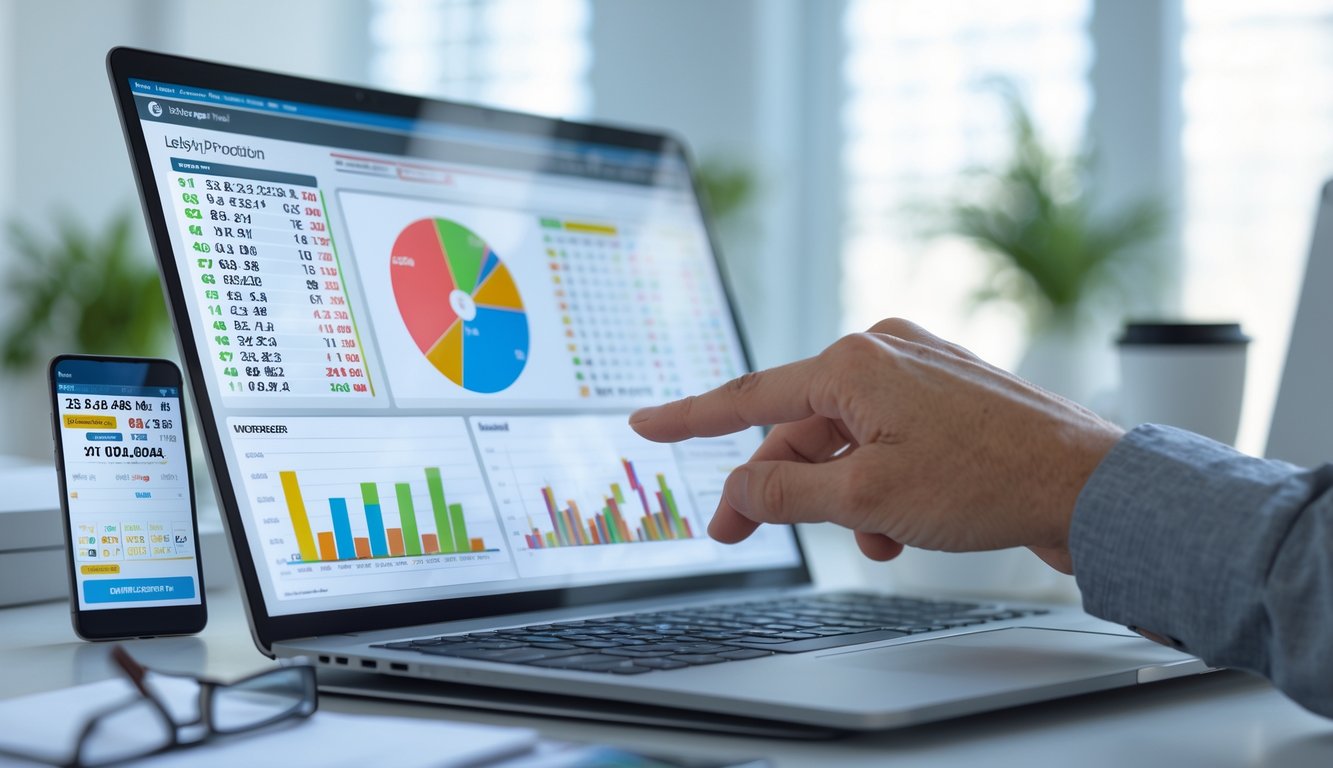 Seorang sedang menggunakan laptop dan ponsel di meja kerja dengan grafik dan angka terkait prediksi togel online.