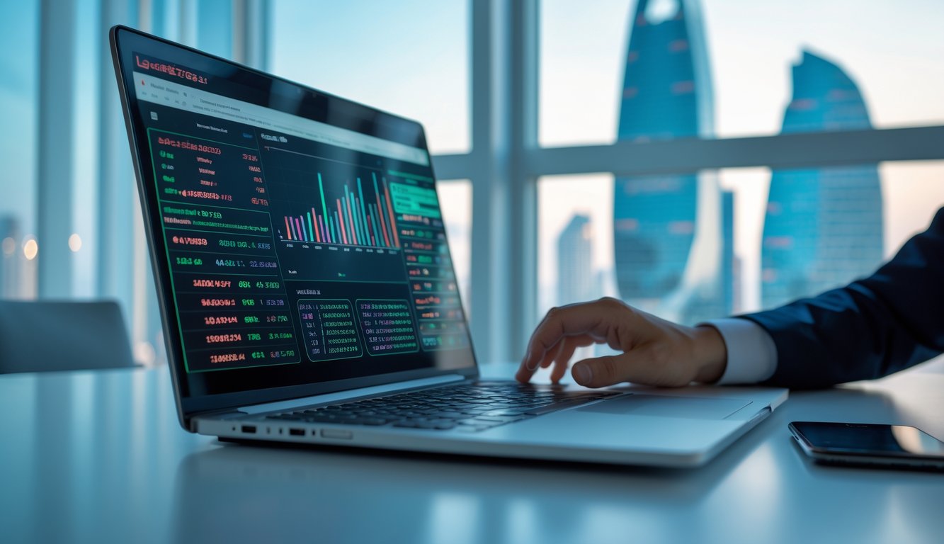 Seorang profesional bekerja dengan laptop dan ponsel di ruang kantor modern dengan pemandangan kota Macau di latar belakang.