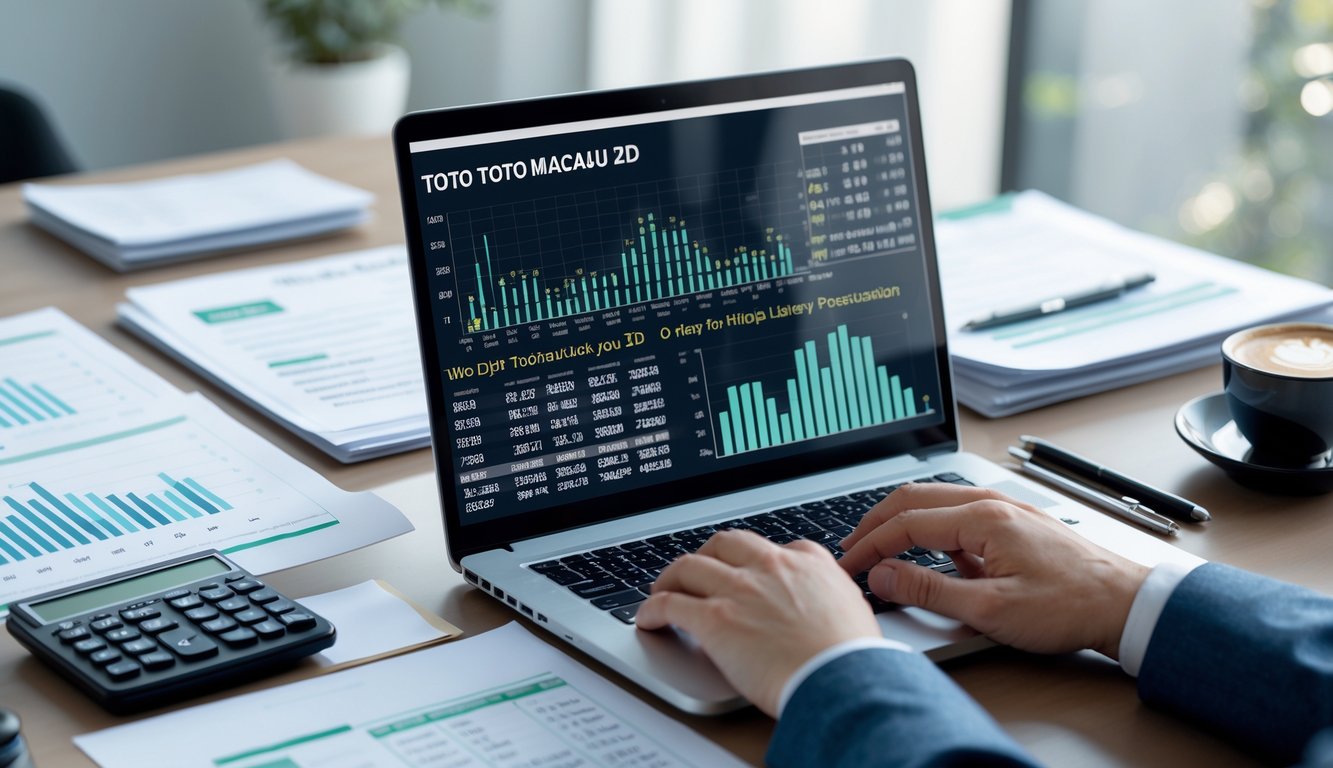 Meja kerja modern dengan laptop yang menampilkan grafik dan data angka, dokumen tertata rapi, kalkulator, dan cangkir kopi di lingkungan kantor yang terang.