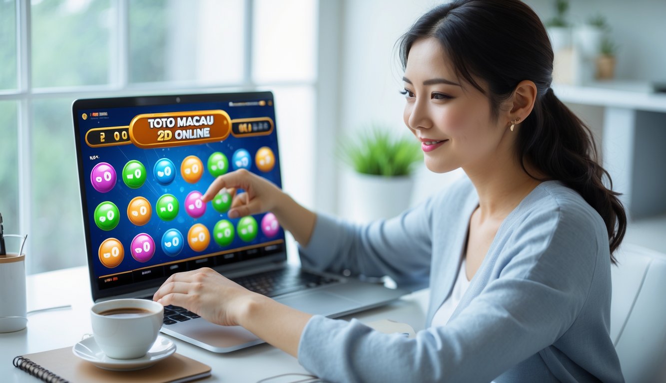 Seorang wanita muda duduk di meja dengan laptop yang menampilkan permainan lotere online, terlihat fokus dan percaya diri.
