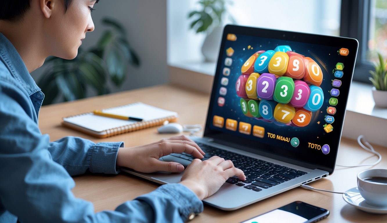 Seorang dewasa muda sedang menggunakan laptop di meja kerja yang rapi dengan suasana terang dan alat tulis di sekitarnya.