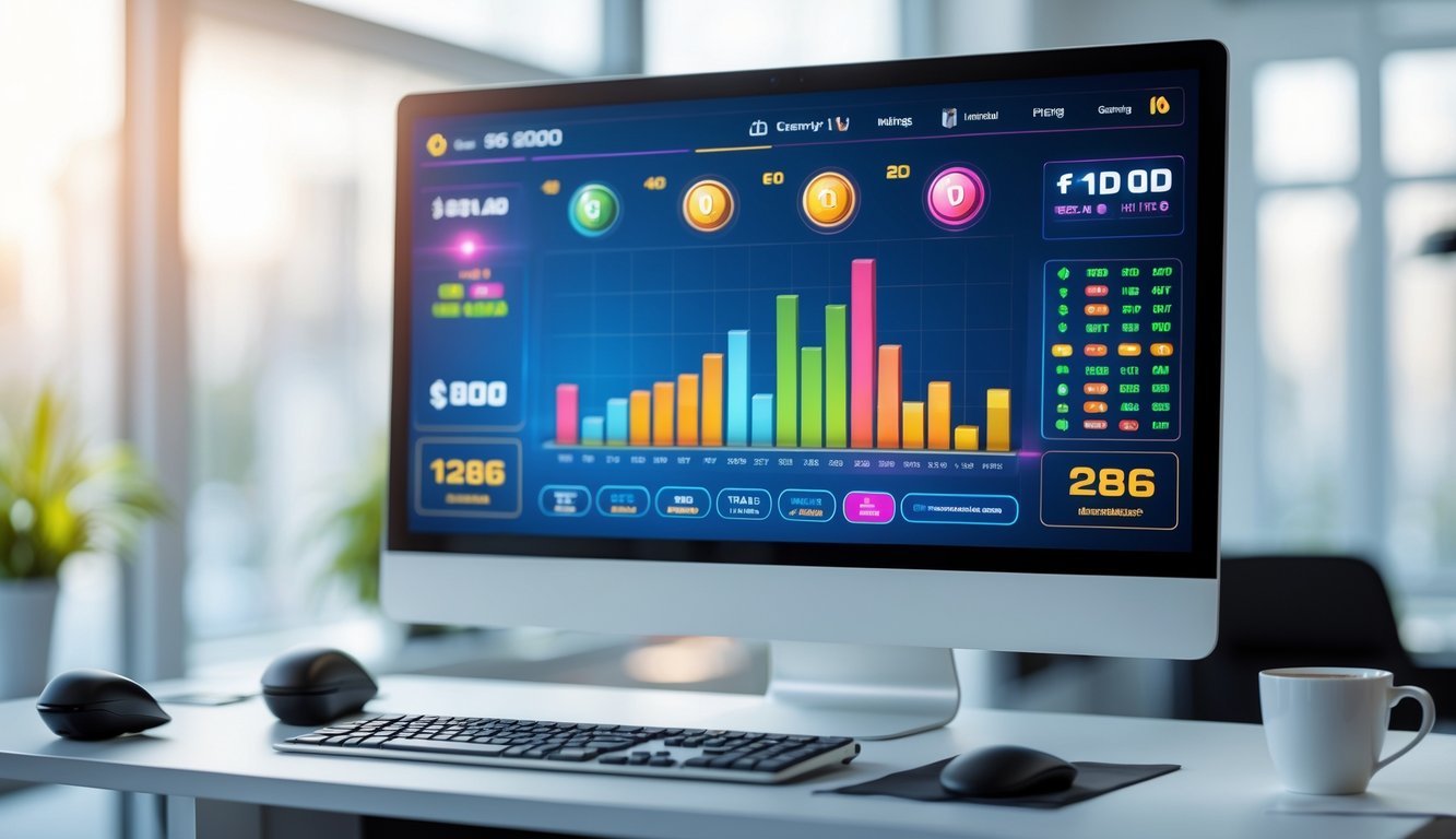 Sebuah monitor komputer menampilkan antarmuka permainan lotere 2D online di meja kerja dengan pencahayaan alami.