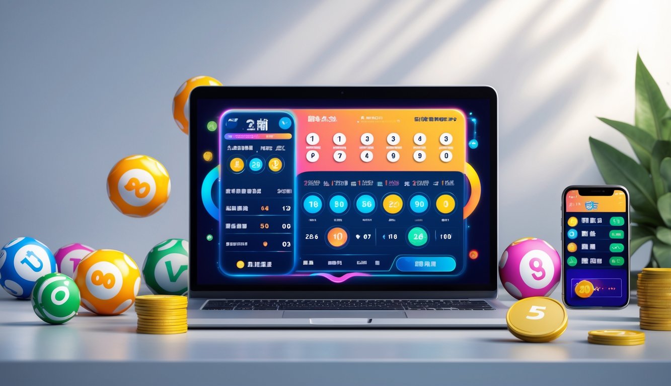 Meja kerja modern dengan laptop dan ponsel yang menampilkan antarmuka permainan lotere online, dikelilingi bola lotere dan token digital.