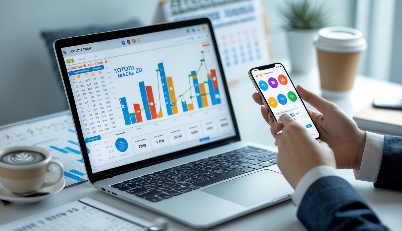 Seseorang menggunakan laptop dan ponsel di meja kerja dengan grafik dan kalender di latar belakang.