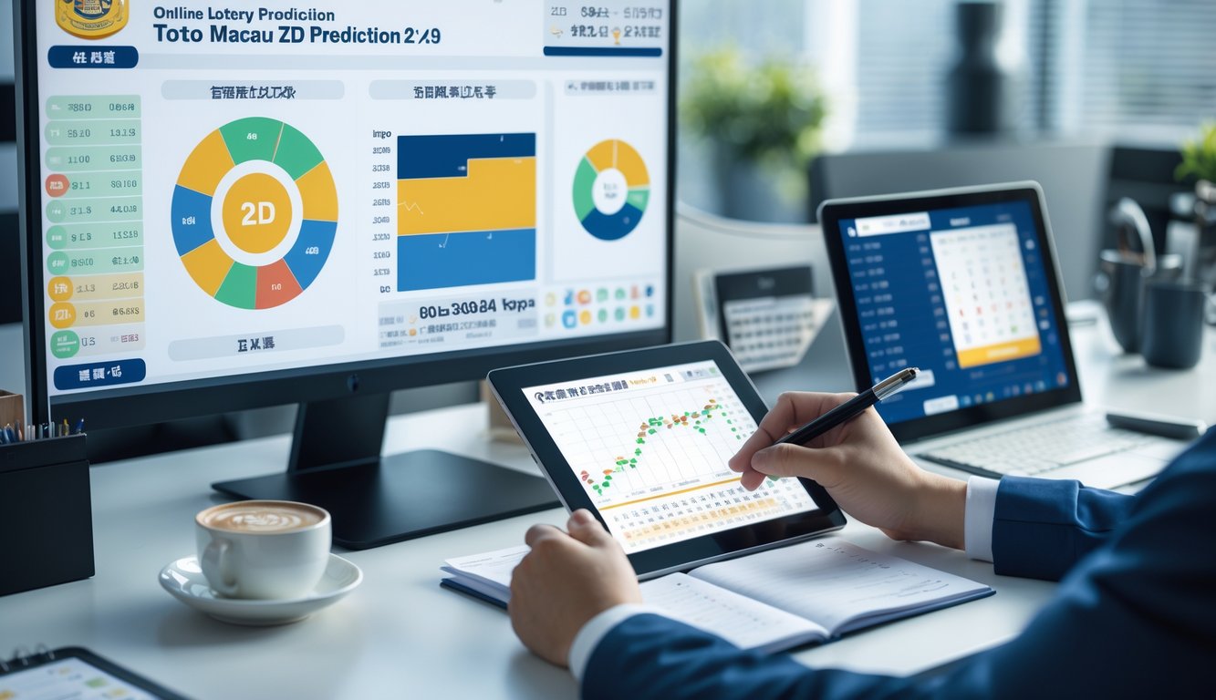 Seseorang sedang menganalisis data hasil lotere Toto Macau 2D secara online di meja kerja dengan komputer dan tablet.