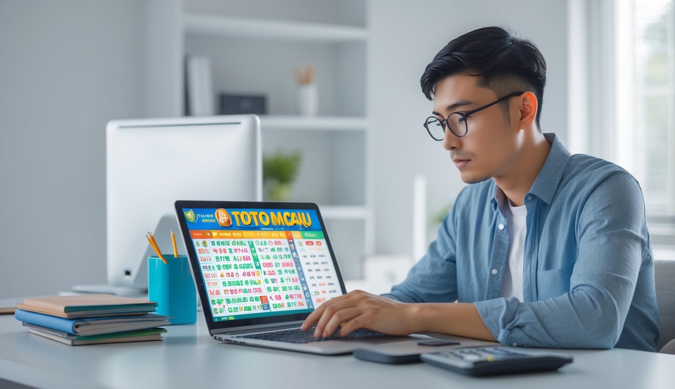Seorang pria muda duduk di meja kerja dengan laptop dan alat tulis, terlihat fokus menganalisis strategi bermain Toto Macau 2D dengan modal kecil.