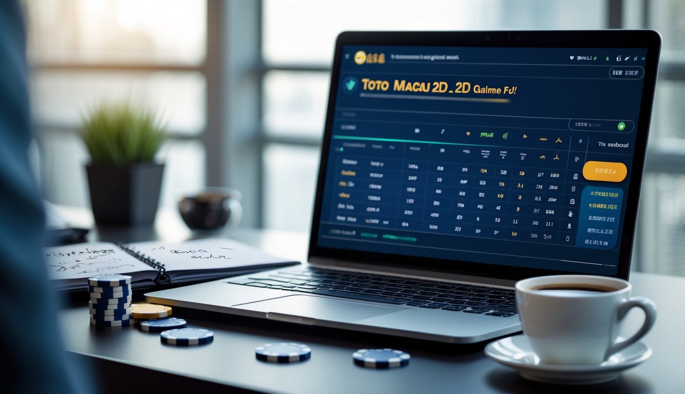 Seorang pria duduk di meja kerja dengan laptop yang menampilkan permainan Toto Macau 2D, dikelilingi chip poker, buku catatan, dan secangkir kopi.