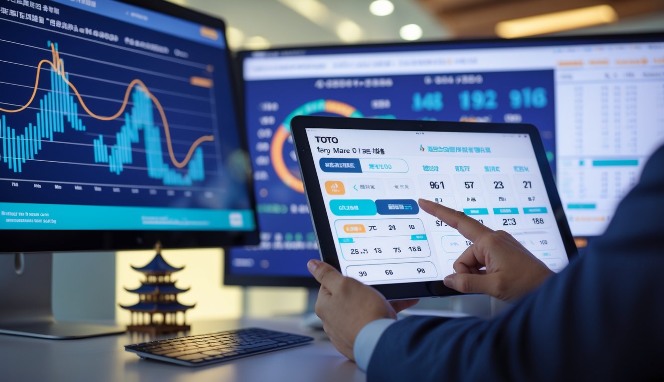 Sebuah ruang kerja modern dengan komputer dan tablet yang menampilkan data dan grafik terkait prediksi dan hasil togel online.