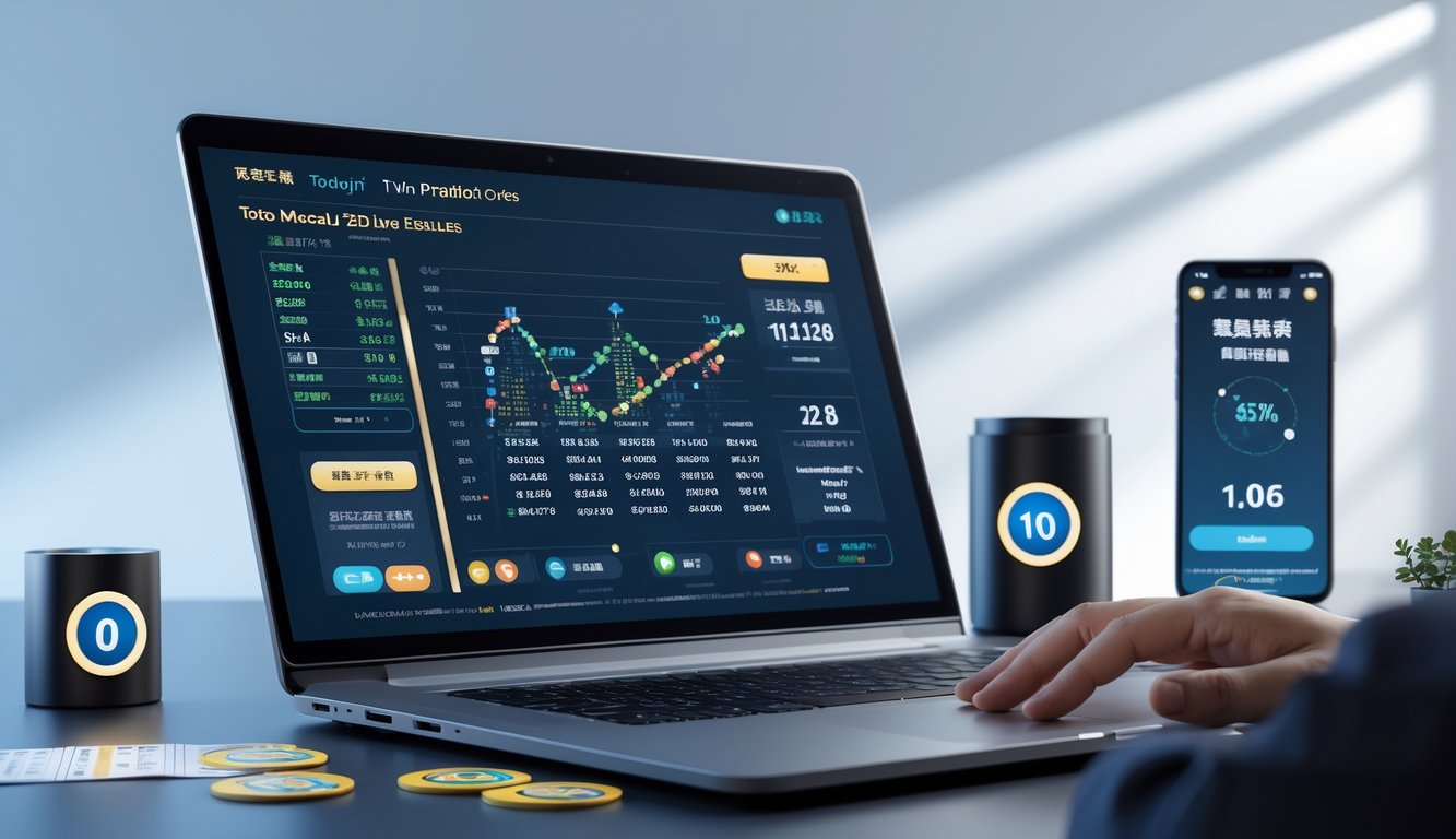 Seorang pria menggunakan laptop dengan layar menampilkan grafik dan angka terkait hasil dan prediksi Toto Macau 2D online malam ini.
