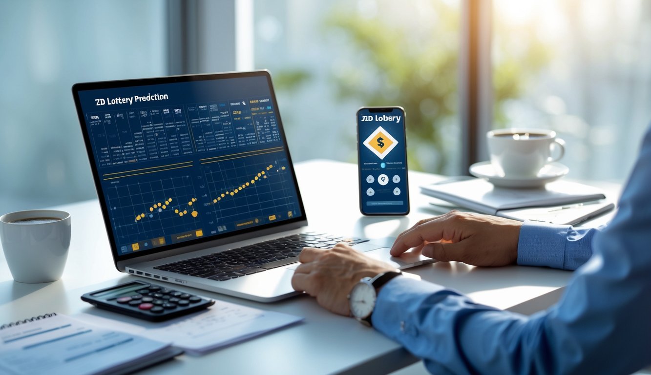 Sebuah meja kerja modern dengan laptop menampilkan grafik angka, ponsel dengan aplikasi lotere, kalkulator, dan secangkir kopi di dekat jendela dengan cahaya alami.