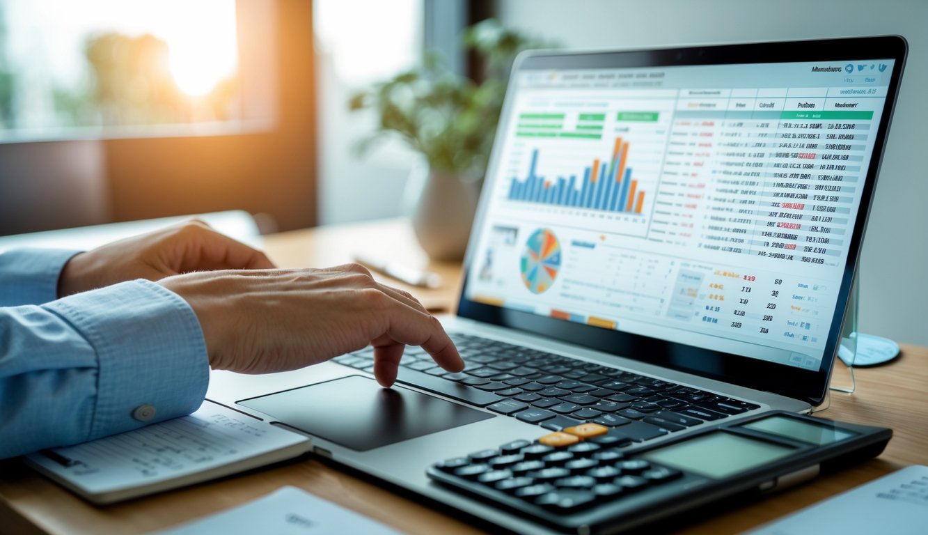 Meja kerja dengan laptop yang menampilkan data angka dan grafik, tangan seseorang sedang mengetik, di sekitar terdapat catatan dan kalkulator.