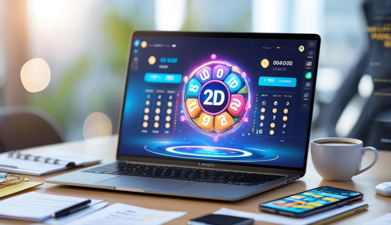 Seorang pria duduk di meja dengan laptop yang menampilkan angka dan grafik terkait permainan lotre online, dikelilingi catatan dan ponsel, dengan suasana kerja yang rapi.