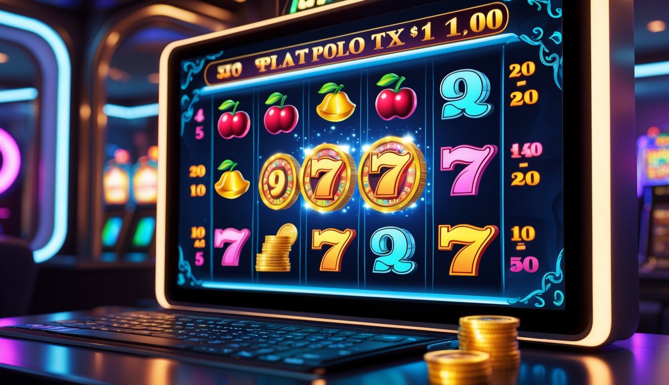 Tampilan mesin slot online klasik dengan jackpot besar dan koin berkilauan di layar komputer dalam ruangan permainan yang gelap.