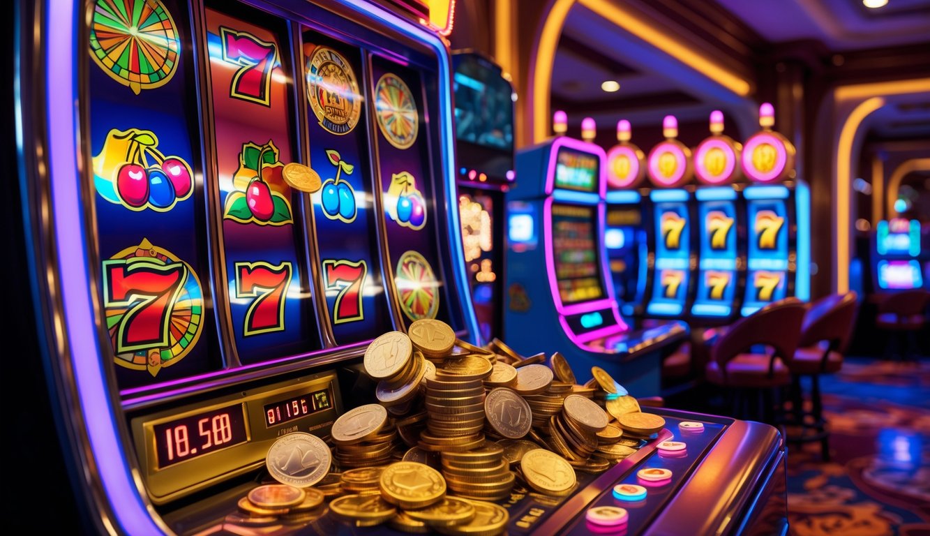 Mesin slot retro klasik di kasino dengan koin jackpot yang melimpah.