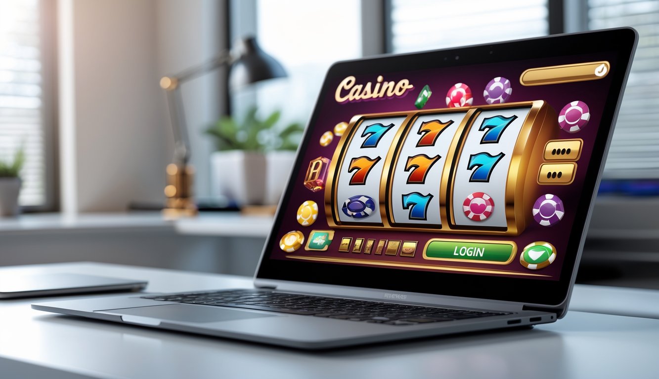 Layar laptop menampilkan permainan mesin slot retro yang berwarna-warni di meja kerja modern dengan pencahayaan alami.