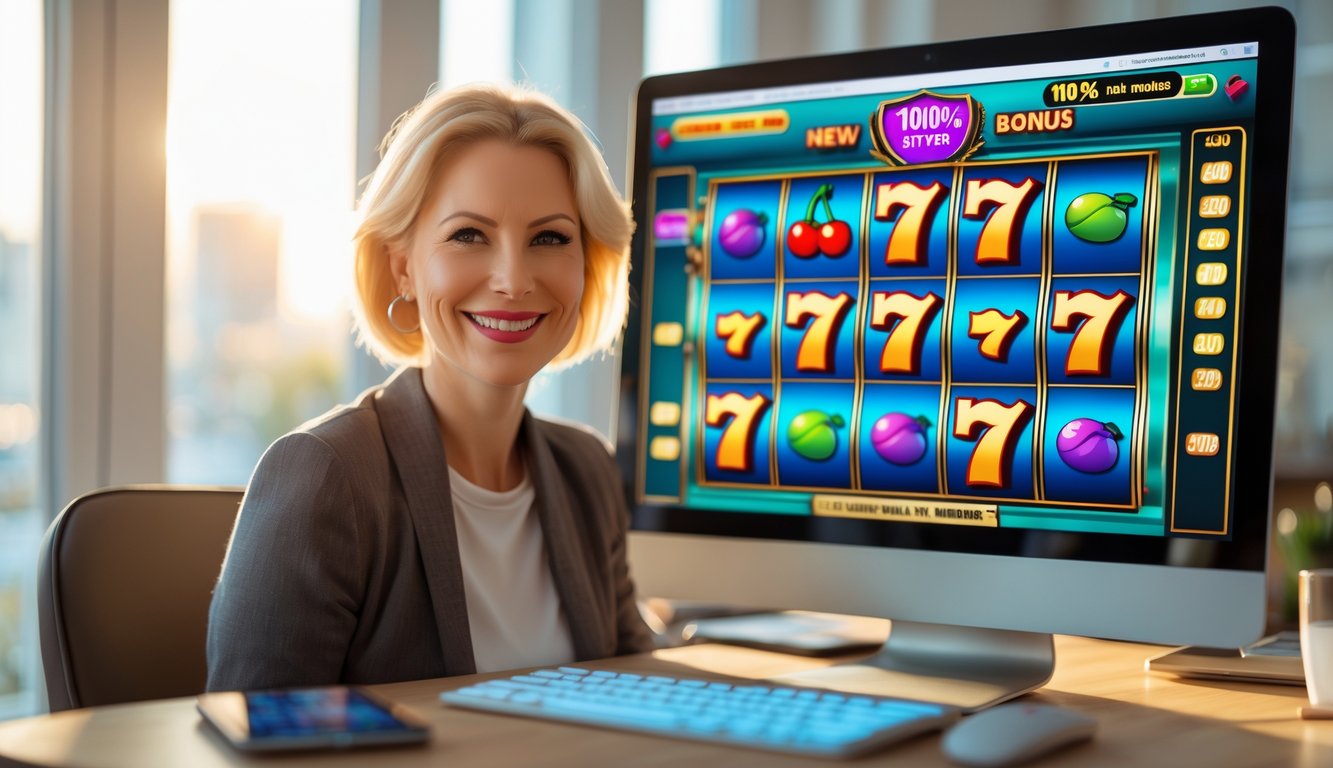 Seorang dewasa duduk di depan komputer yang menampilkan mesin slot retro berwarna-warni dengan simbol klasik, di ruang kerja yang rapi dan terang.