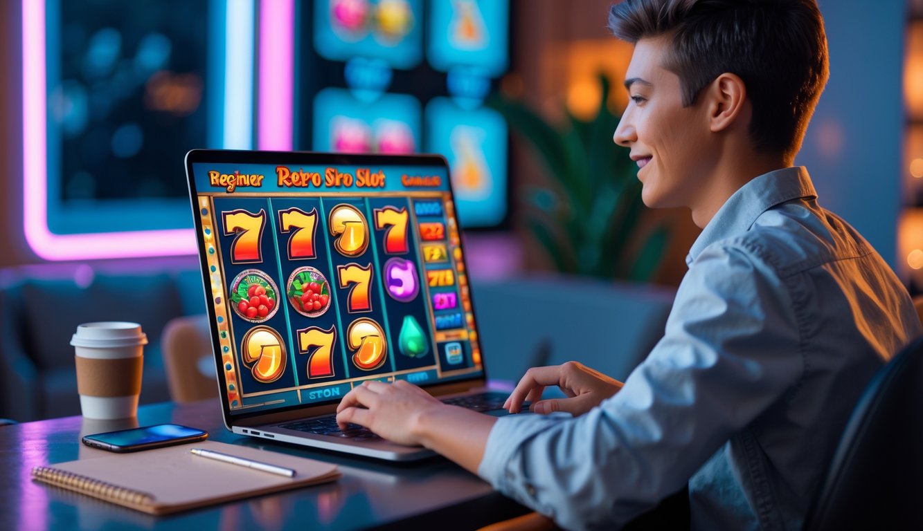 Seorang pemula bermain mesin slot retro online di laptop di ruang tamu yang nyaman dengan pencahayaan hangat.