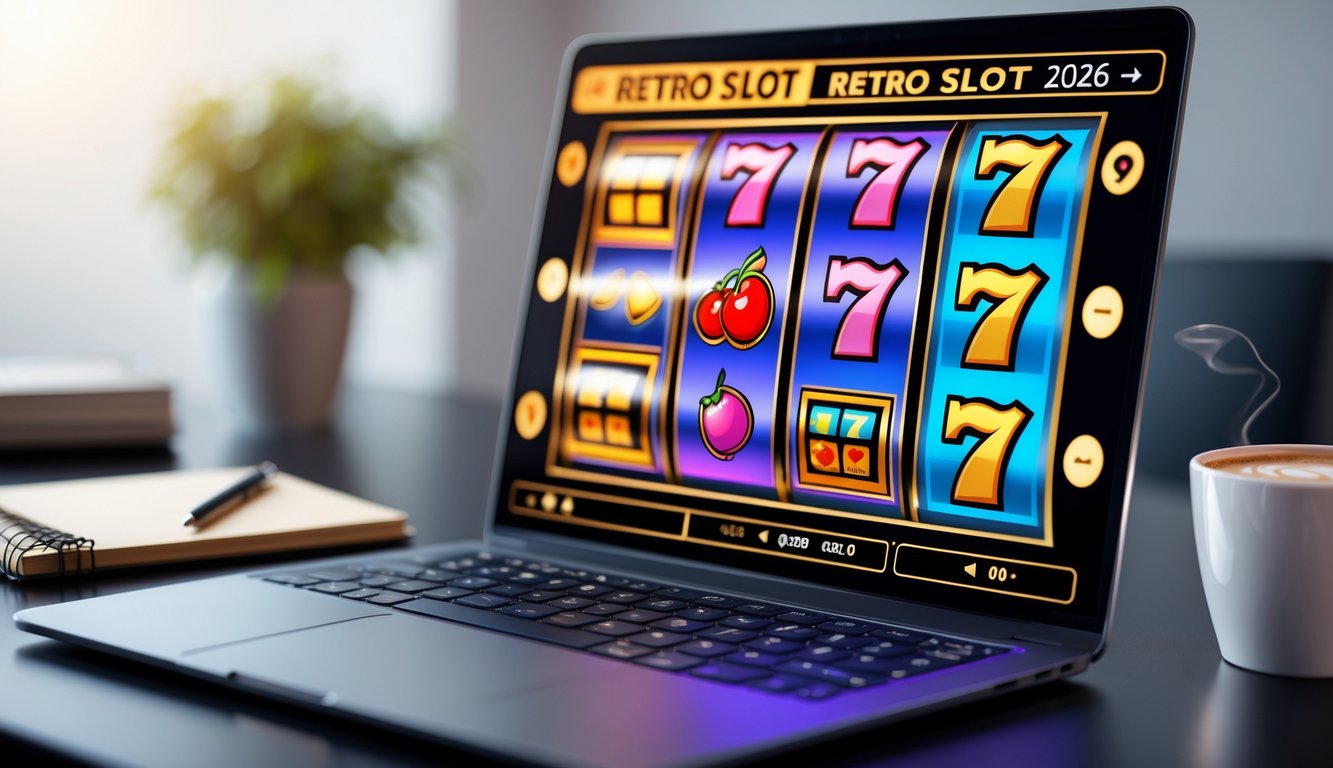 Seorang pemain sedang menggunakan komputer dengan permainan slot retro online yang berwarna-warni di layar, dikelilingi oleh buku catatan dan secangkir kopi di meja.
