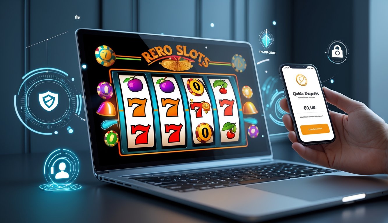 Seseorang menggunakan komputer dengan gambar mesin slot retro di layar dan ikon pembayaran digital di sekitarnya.