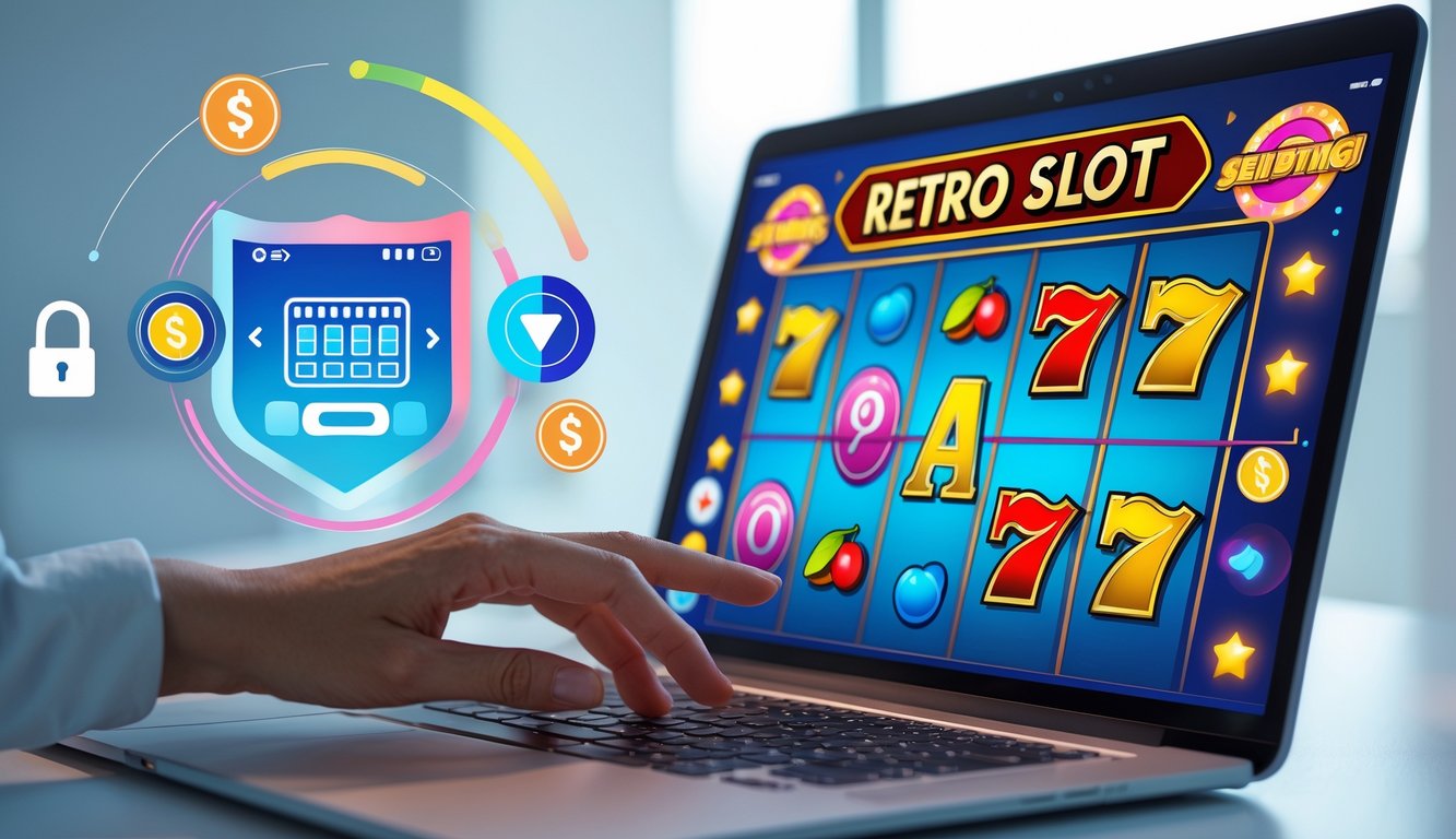 Seseorang menggunakan komputer untuk bermain mesin slot retro online dengan simbol klasik dan proses deposit cepat yang aman.