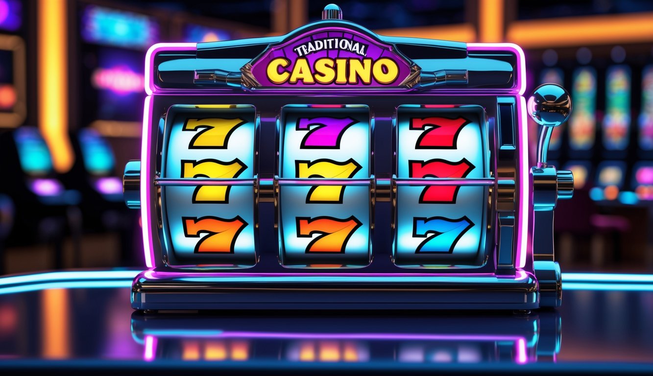 Mesin slot klasik tiga gulungan dengan simbol buah dan angka di latar belakang kasino gelap.